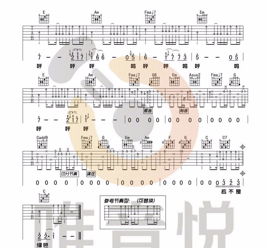绿色吉他谱_陈雪凝_C调双音版 弹唱教学视频-图片1