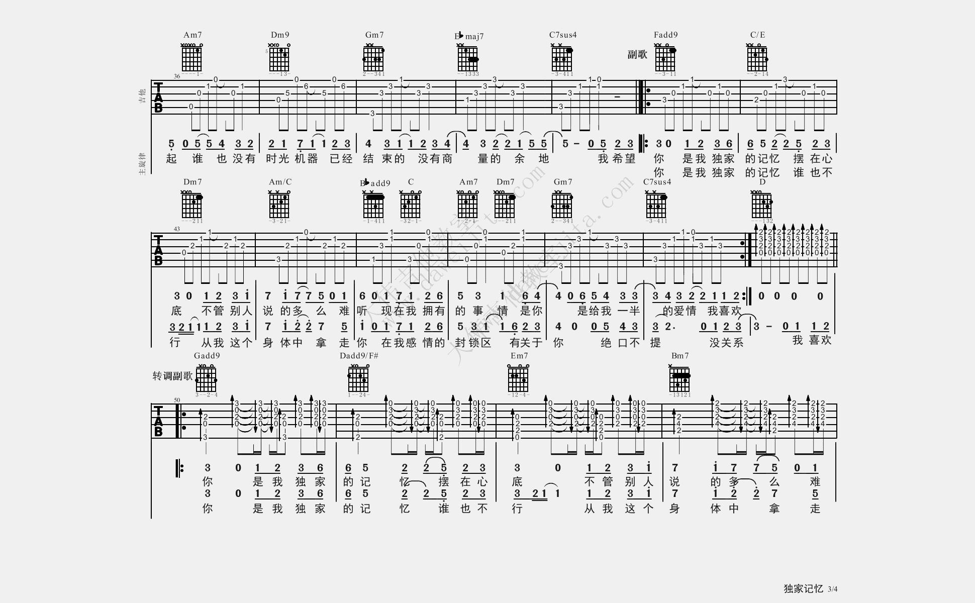 独家记忆吉他谱_陈小春_F调单音版 弹唱教学视频-图片1