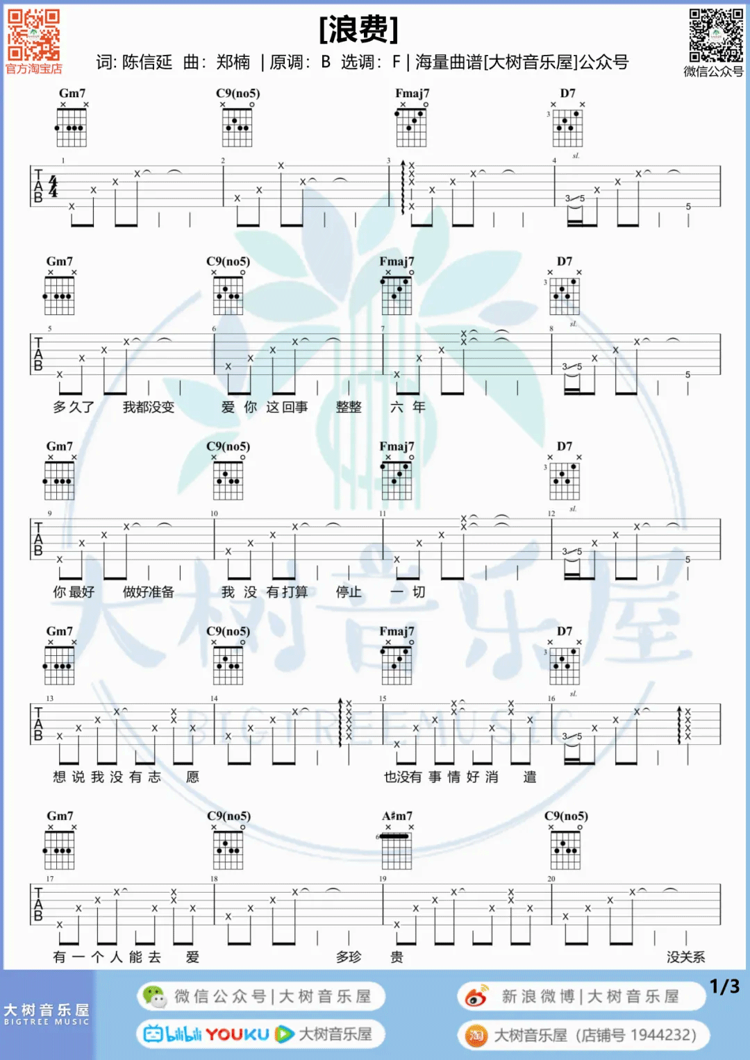 浪费吉他谱_林宥嘉_F调单音版 弹唱教学视频-图片1