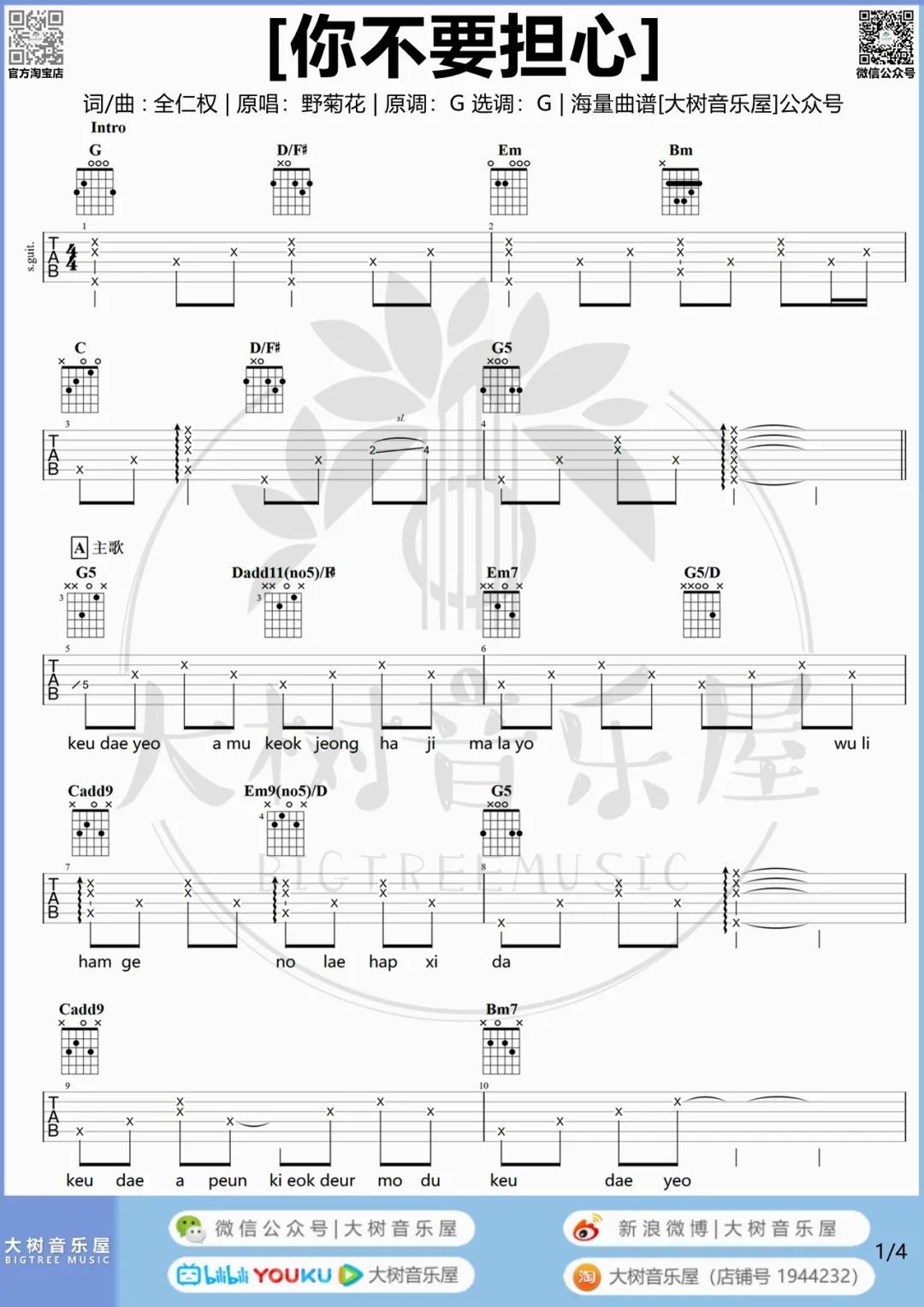 你不要担心吉他谱_野菊花_G调单音版 弹唱教学视频-图片1