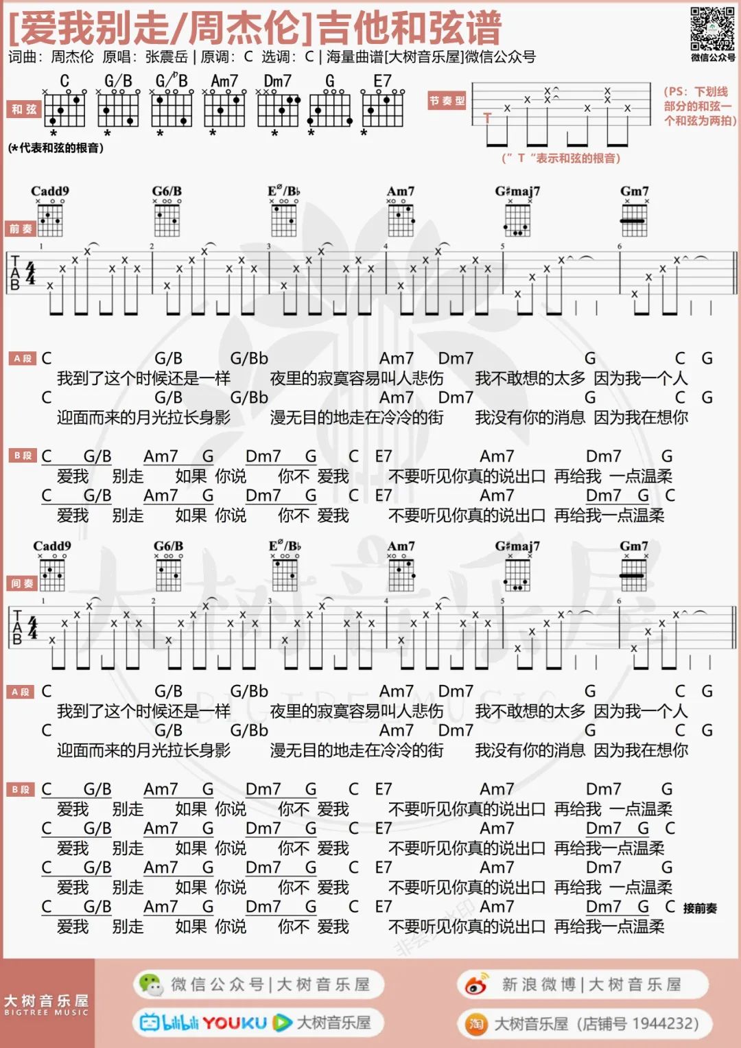 爱我别走吉他谱_张震岳-周杰伦_C调调弦版 弹唱教学视频-图片1