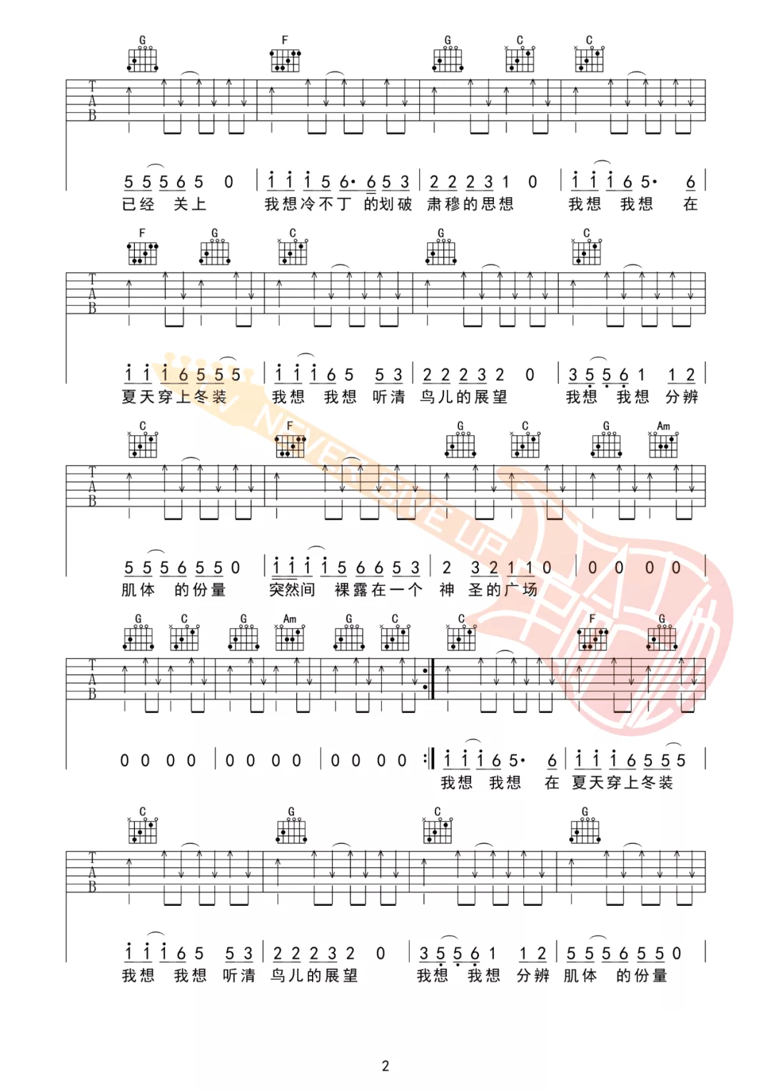 我想我想吉他谱_洪启_C调和弦版 弹唱教学视频-图片1