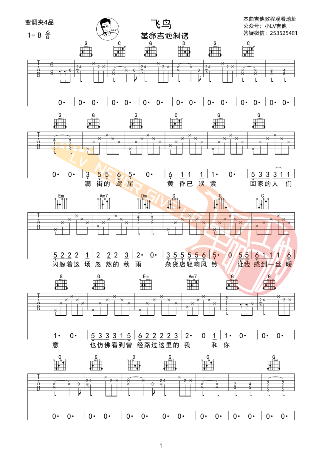 飞鸟吉他谱_汪峰_G调和弦版 弹唱教学视频-图片1