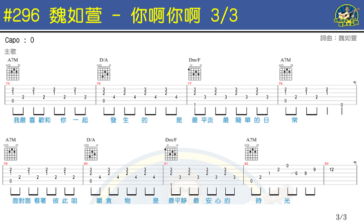 你啊你啊吉他谱_魏如萱_A调双音版 弹唱教学视频-图片1