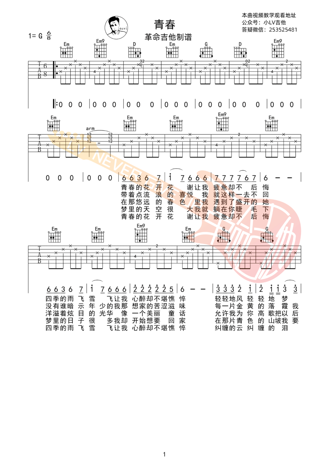 青春吉他谱_沈庆_G调扫弦版 弹唱教学视频-图片1