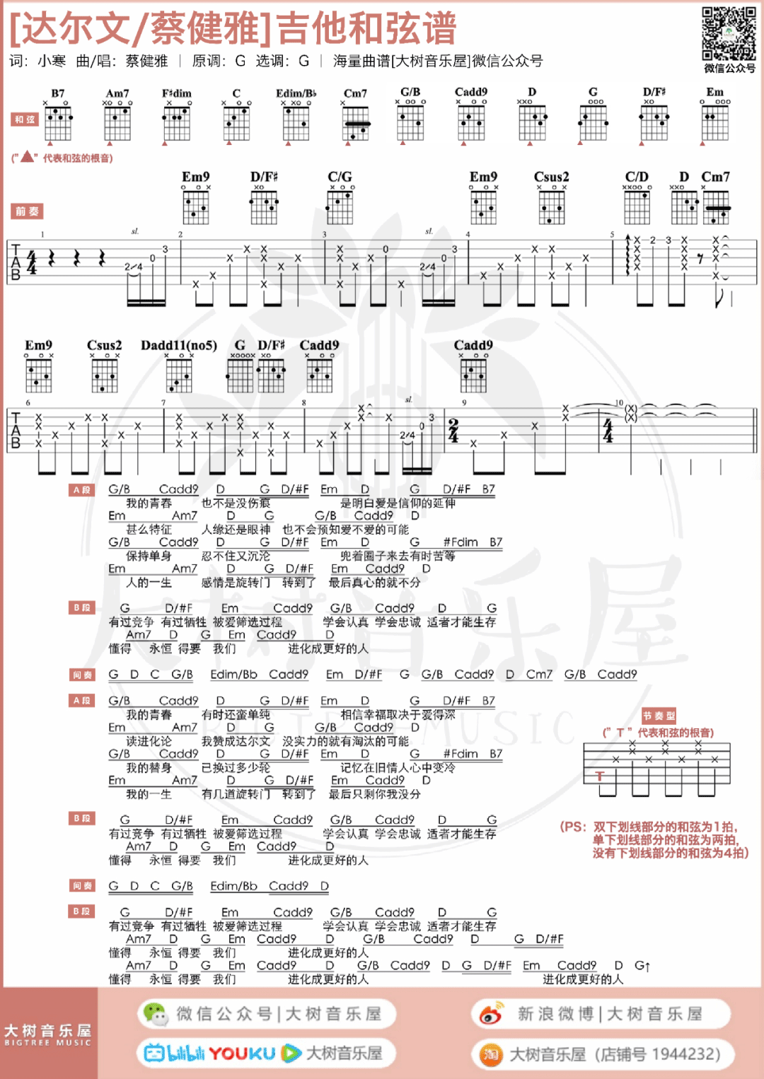 达尔文吉他谱_蔡健雅_G调单音版 弹唱教学视频-图片1