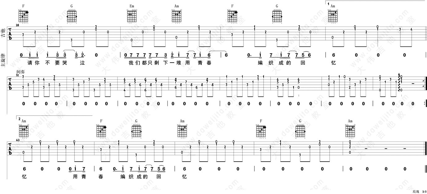 玫瑰吉他谱_贰佰_C调扫弦版 弹唱教学视频-图片1