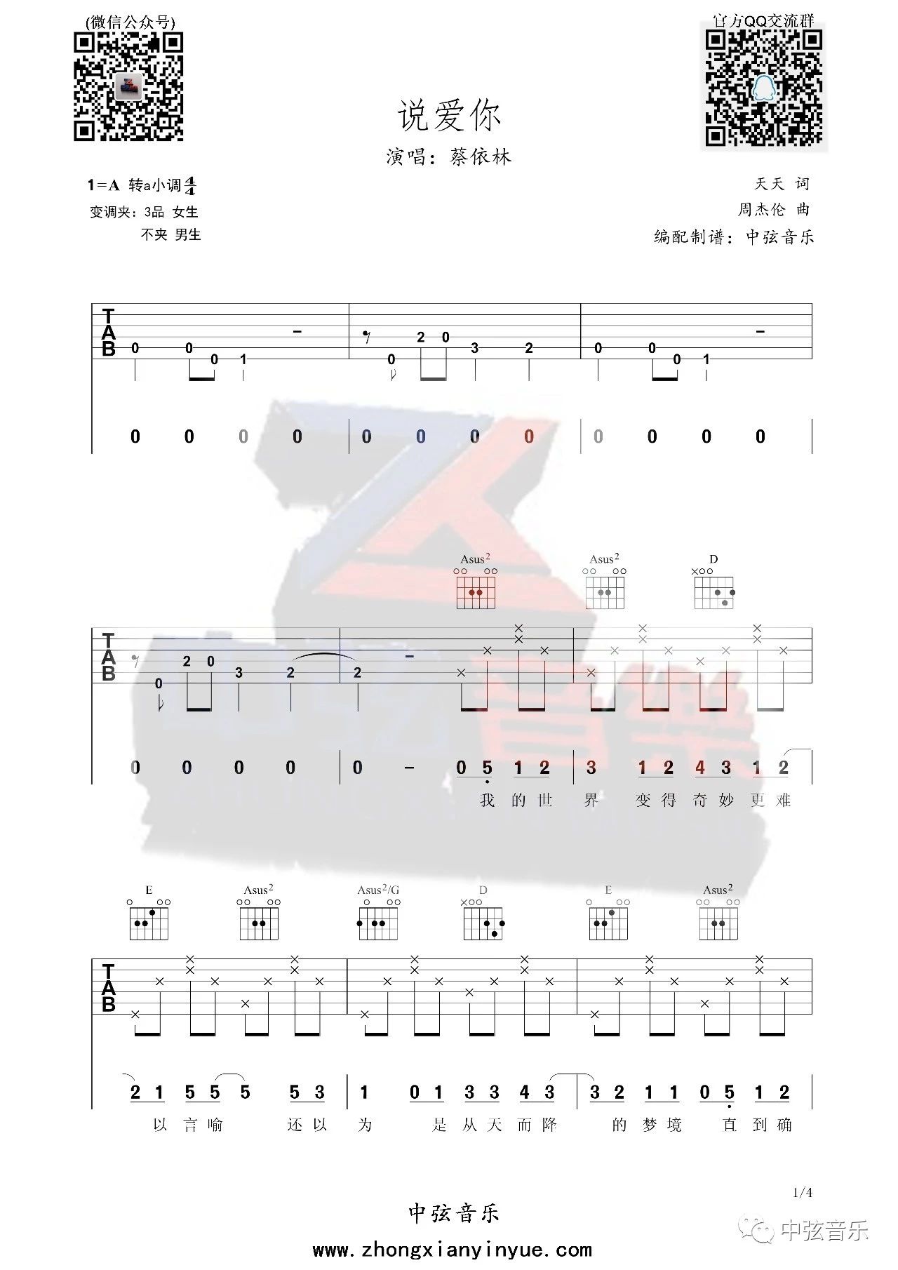 说爱你吉他谱_蔡依林_C调和弦版 弹唱教学视频-图片1