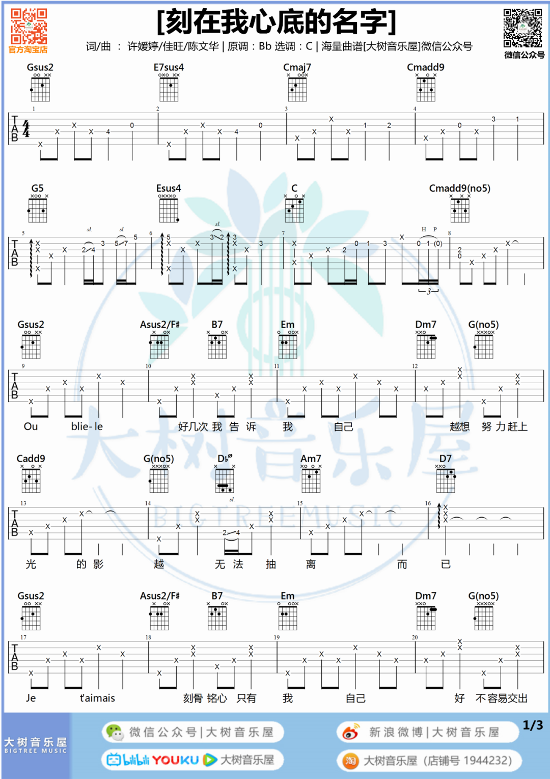 刻在我心底的名字吉他谱_卢广仲_C调和弦版 弹唱教学视频-图片1