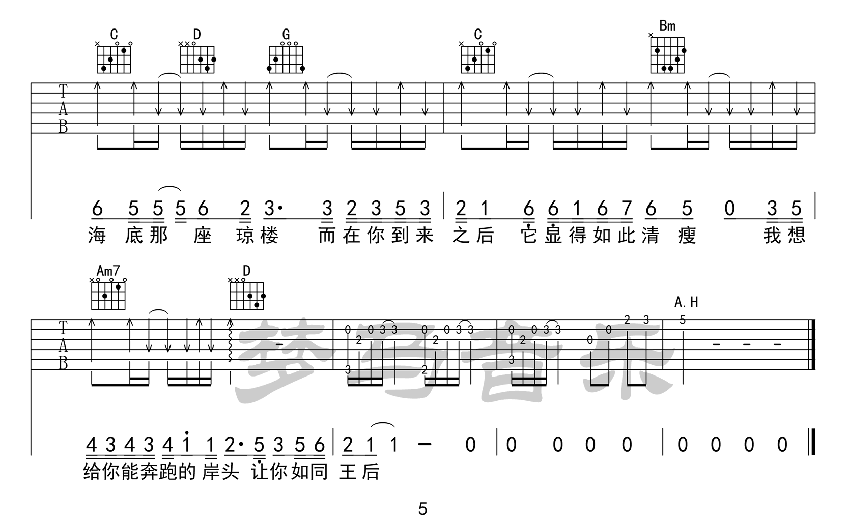 化身孤岛的鲸吉他谱_周深_G调单音指法-图片1