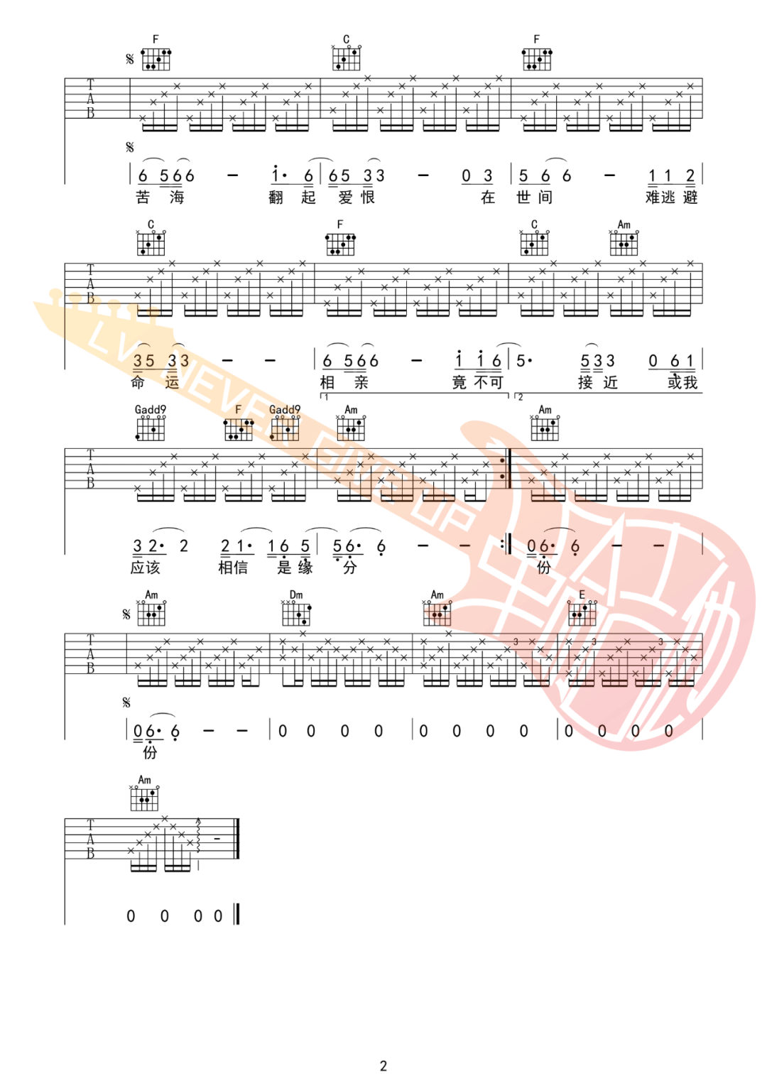 一生所爱吉他谱_卢冠廷_C调调弦版 弹唱教学视频-图片1