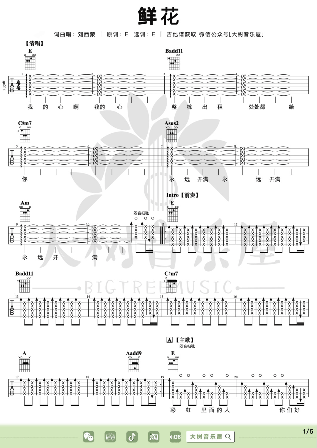 鲜花吉他谱_回春丹乐队_E调双音版 弹唱教学视频-图片1
