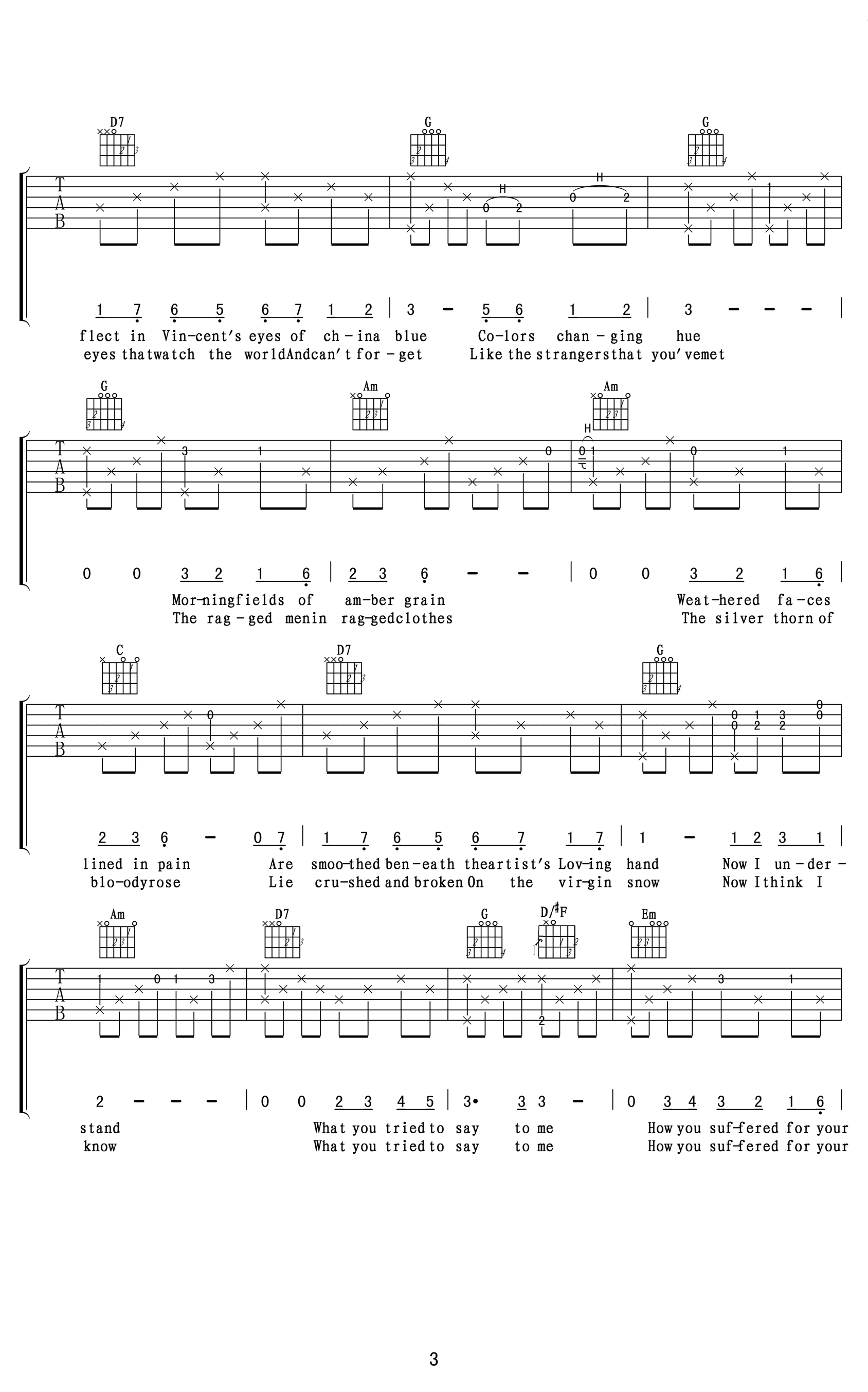 Vincent吉他谱_Don Mclean_G调单音版 弹唱教学视频-图片1