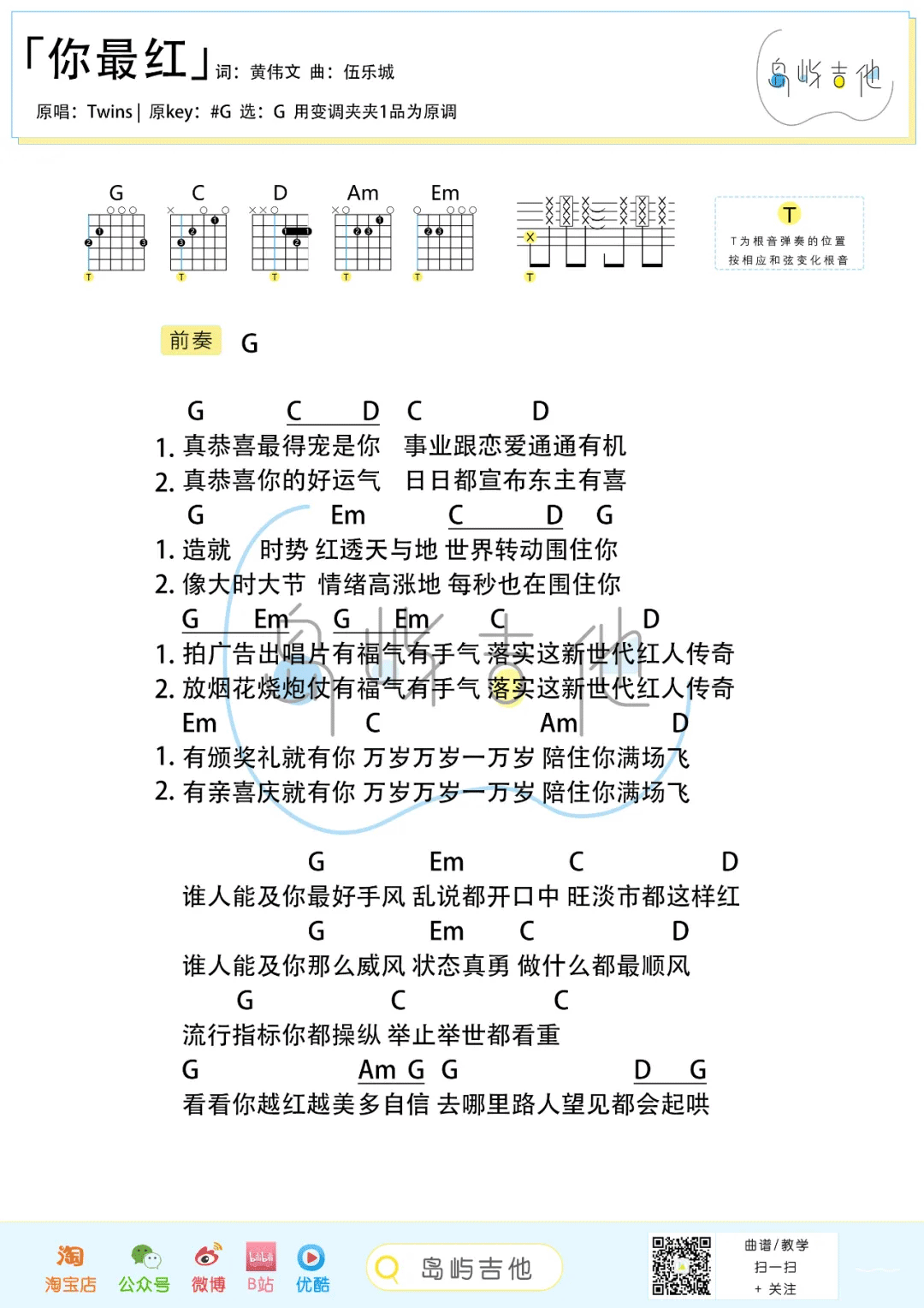 你最红吉他谱_Twins_G调调弦版 弹唱教学视频-图片1
