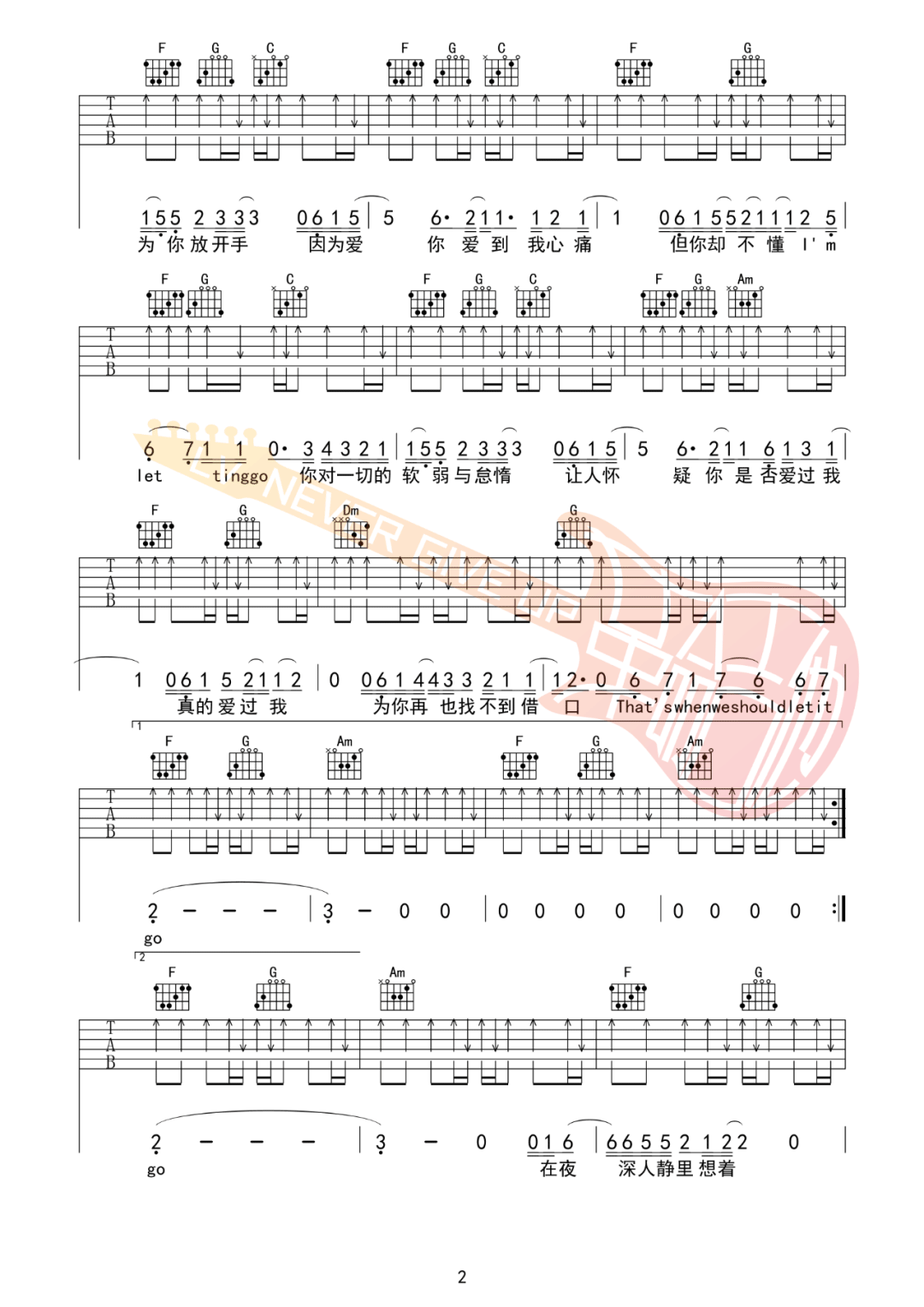 Letting Go吉他谱_蔡健雅_C调调弦版 弹唱教学视频-图片1