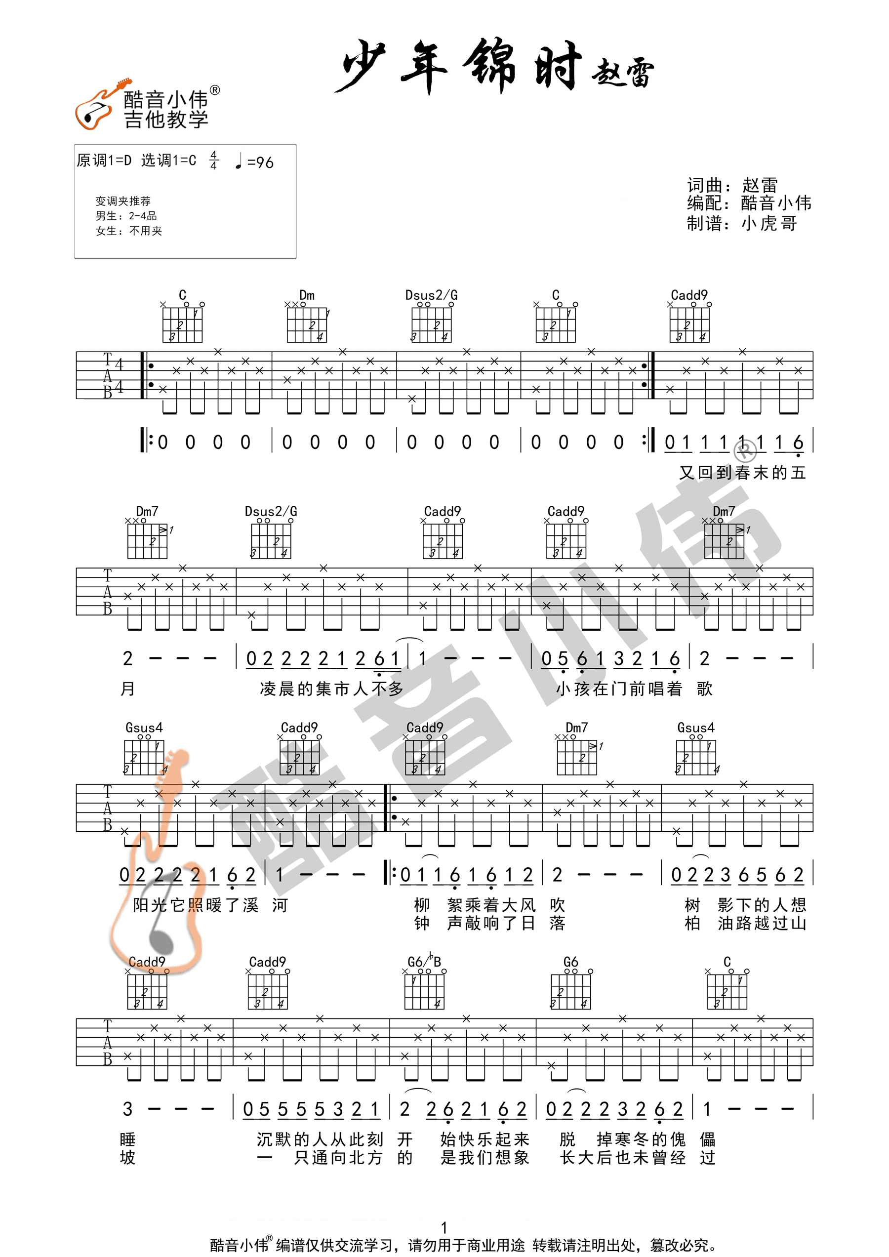 少年锦时吉他谱_赵雷_C调扫弦版 弹唱教学视频-图片1