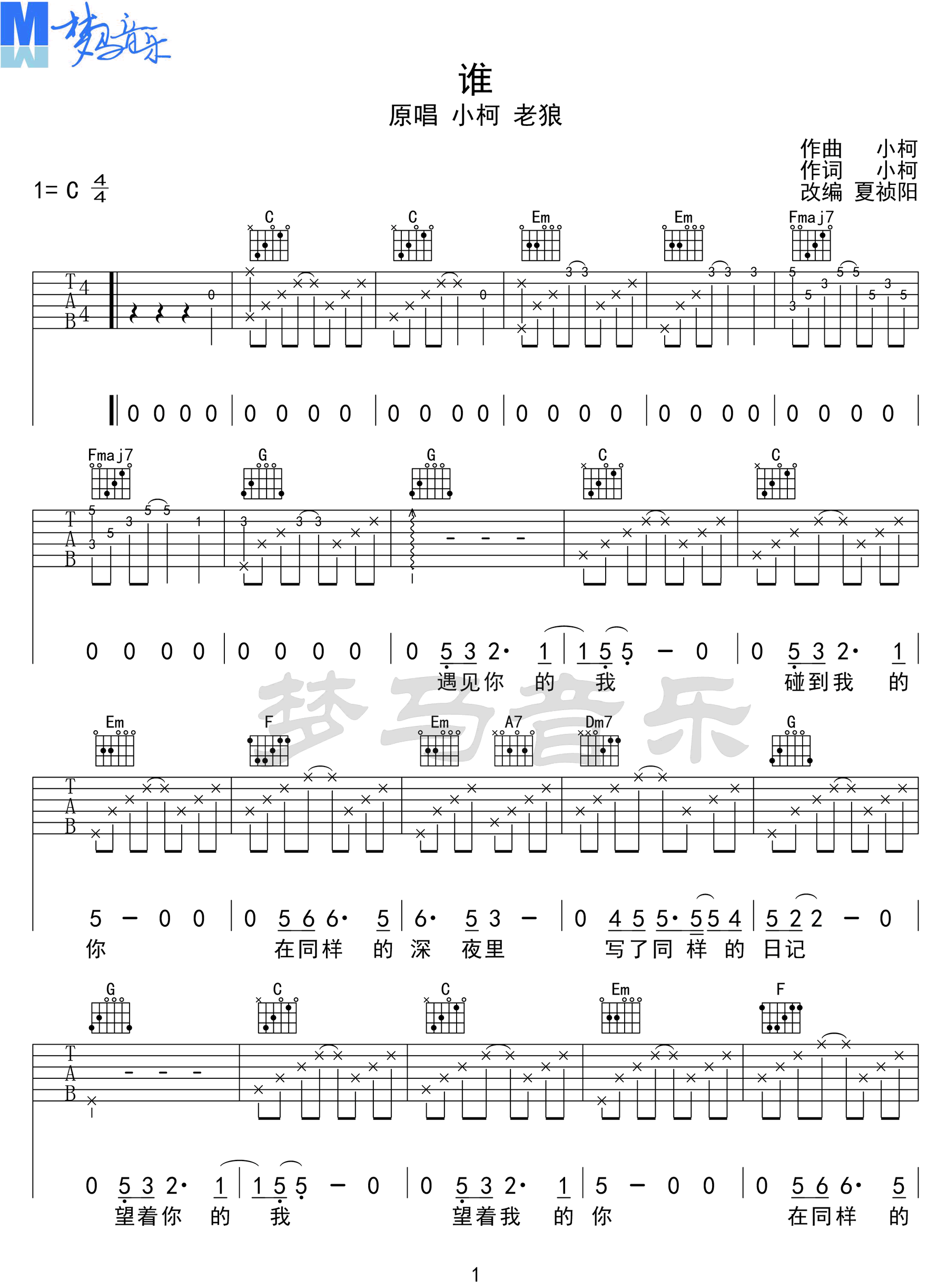 谁吉他谱_小柯-老狼_C调和弦版 弹唱教学视频-图片1