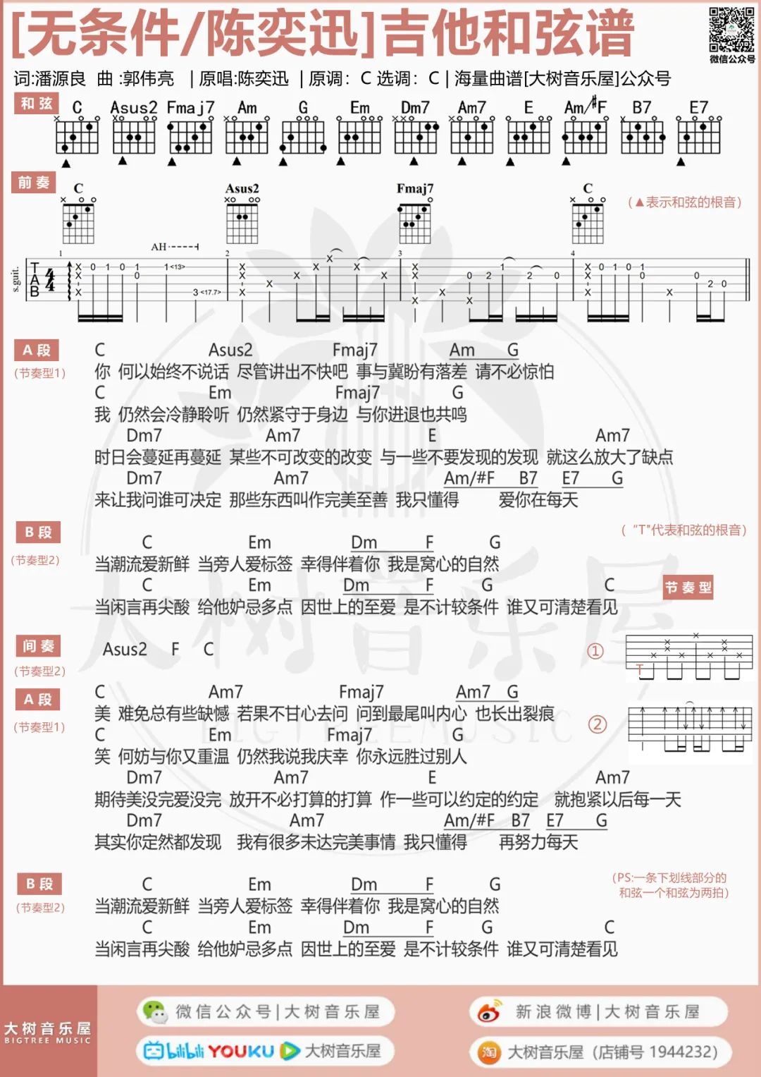 无条件吉他谱_陈奕迅_C调扫弦版 弹唱教学视频-图片1