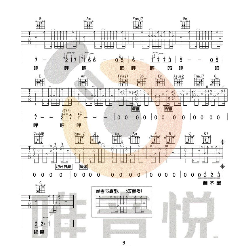 绿色吉他谱_陈雪凝_C调扫弦指法原版-图片1