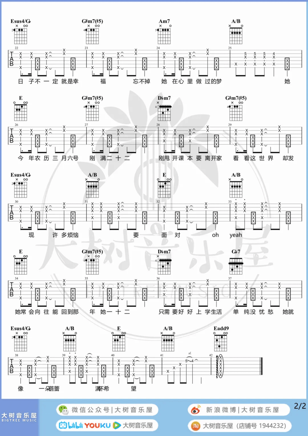 二十二吉他谱_陶喆_E调和弦版 弹唱教学视频-图片1
