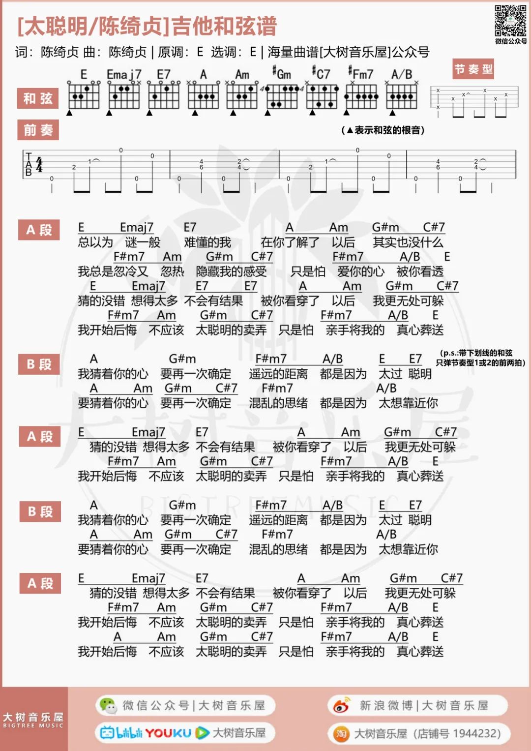 太聪明吉他谱_陈绮贞_E调调弦版 弹唱教学视频-图片1