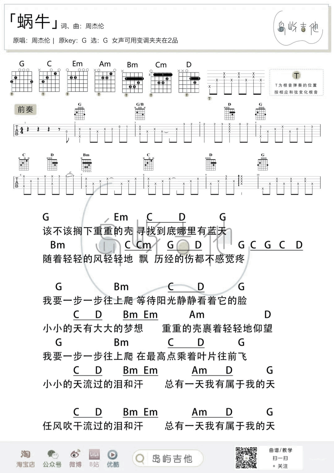蜗牛吉他谱_周杰伦_G调单音版 弹唱教学视频-图片1