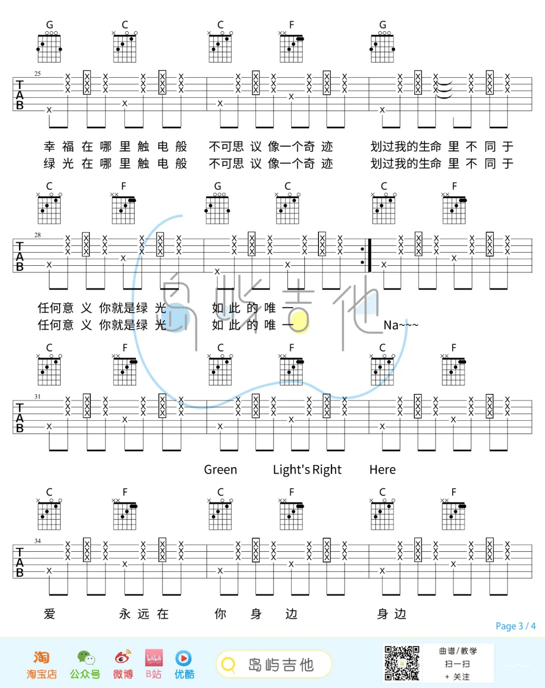 绿光吉他谱_孙燕姿_C调单音指法拍弦版-图片1