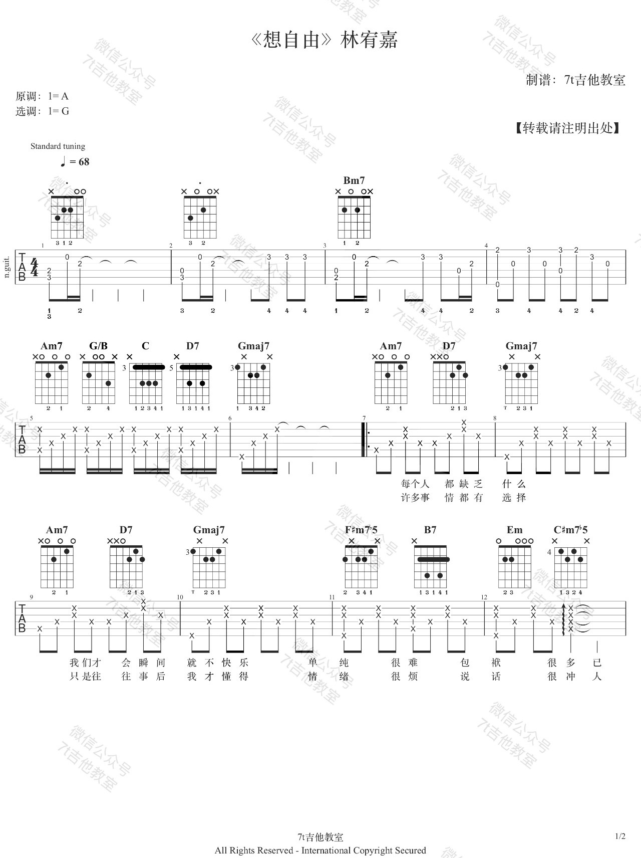 想自由吉他谱_林宥嘉_G调扫弦版 弹唱教学视频-图片1