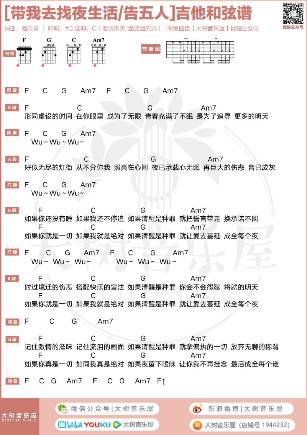 带我去找夜生活吉他谱_告五人_C调调弦版 弹唱教学视频-图片1
