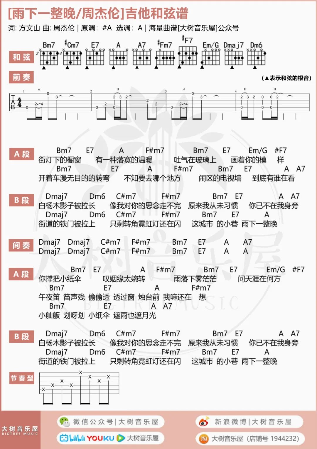 雨下一整晚吉他谱_周杰伦_A调扫弦版 弹唱教学视频-图片1