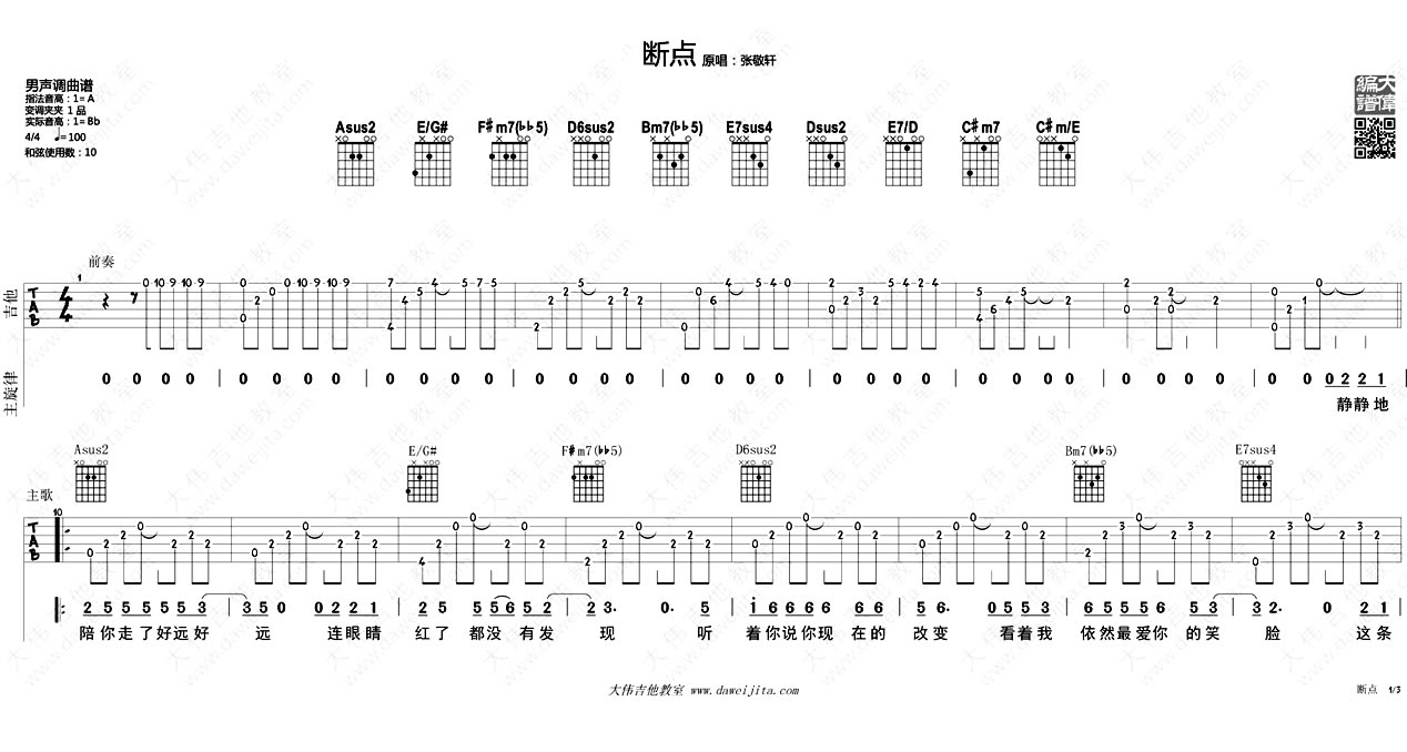 断点吉他谱_张敬轩_A调调弦版 弹唱教学视频-图片1
