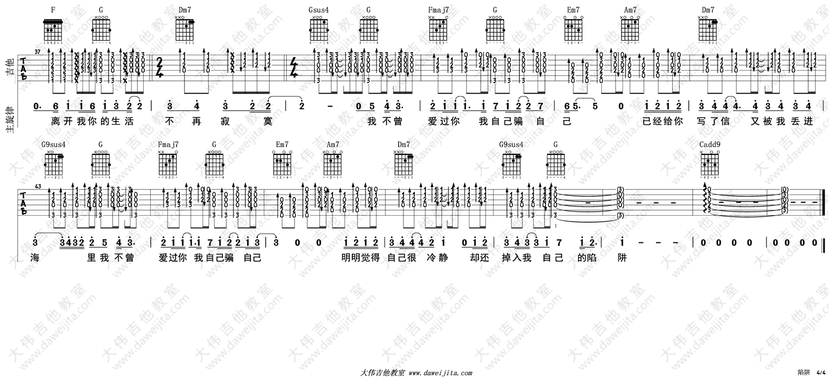 陷阱吉他谱_王北车_C调单音版 弹唱教学视频-图片1