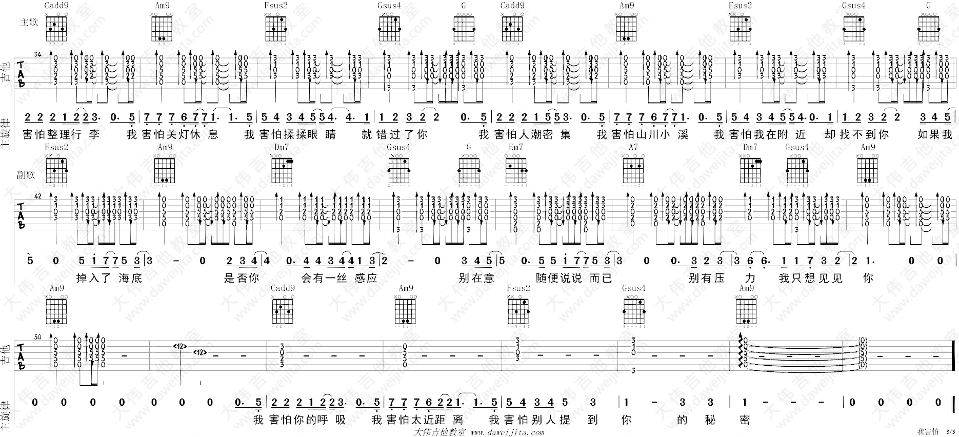 我害怕吉他谱_薛之谦_C调双音版 弹唱教学视频-图片1