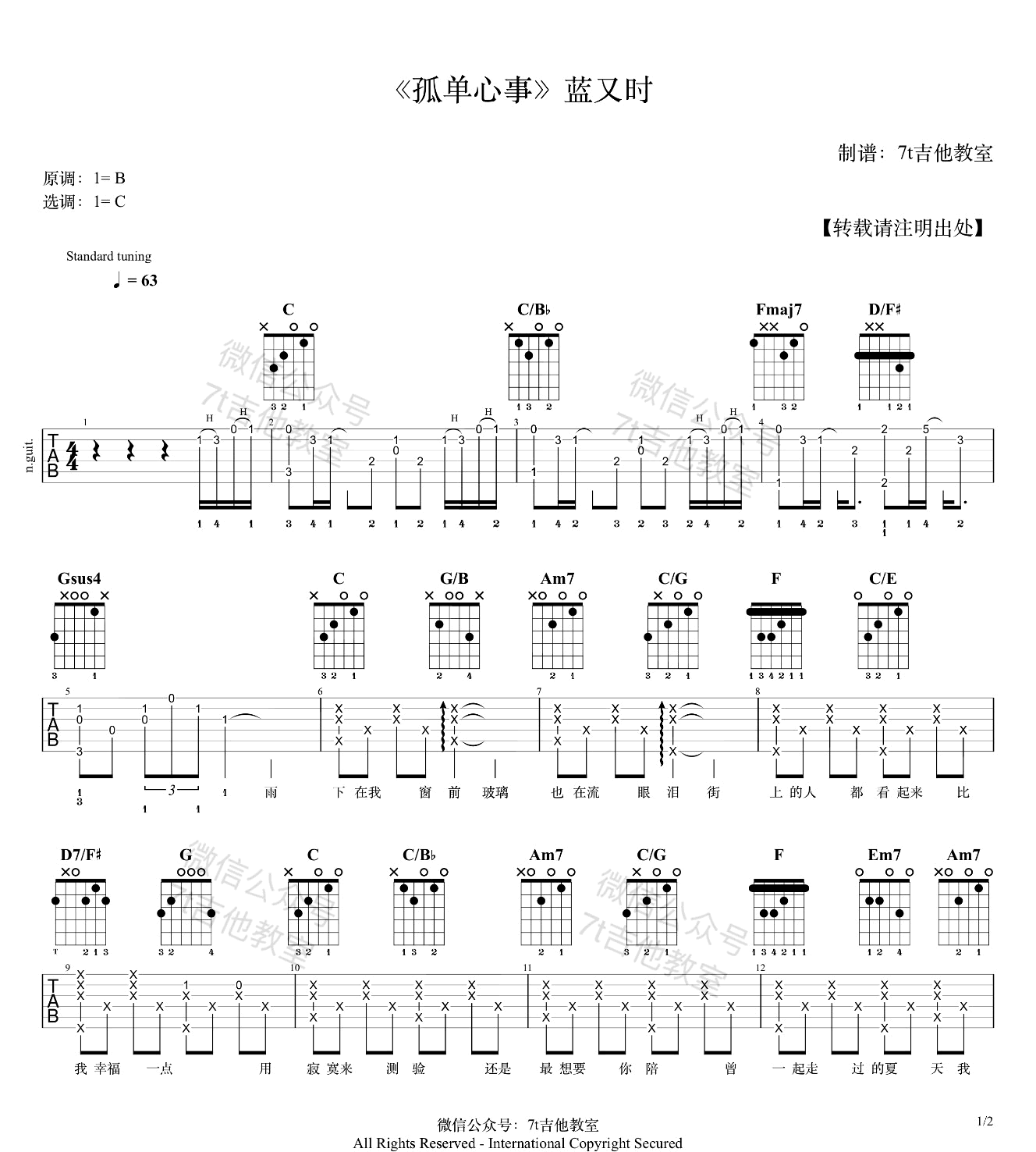 孤单心事吉他谱_蓝又时-颜人中_C调演奏版 弹唱教学视频-图片1