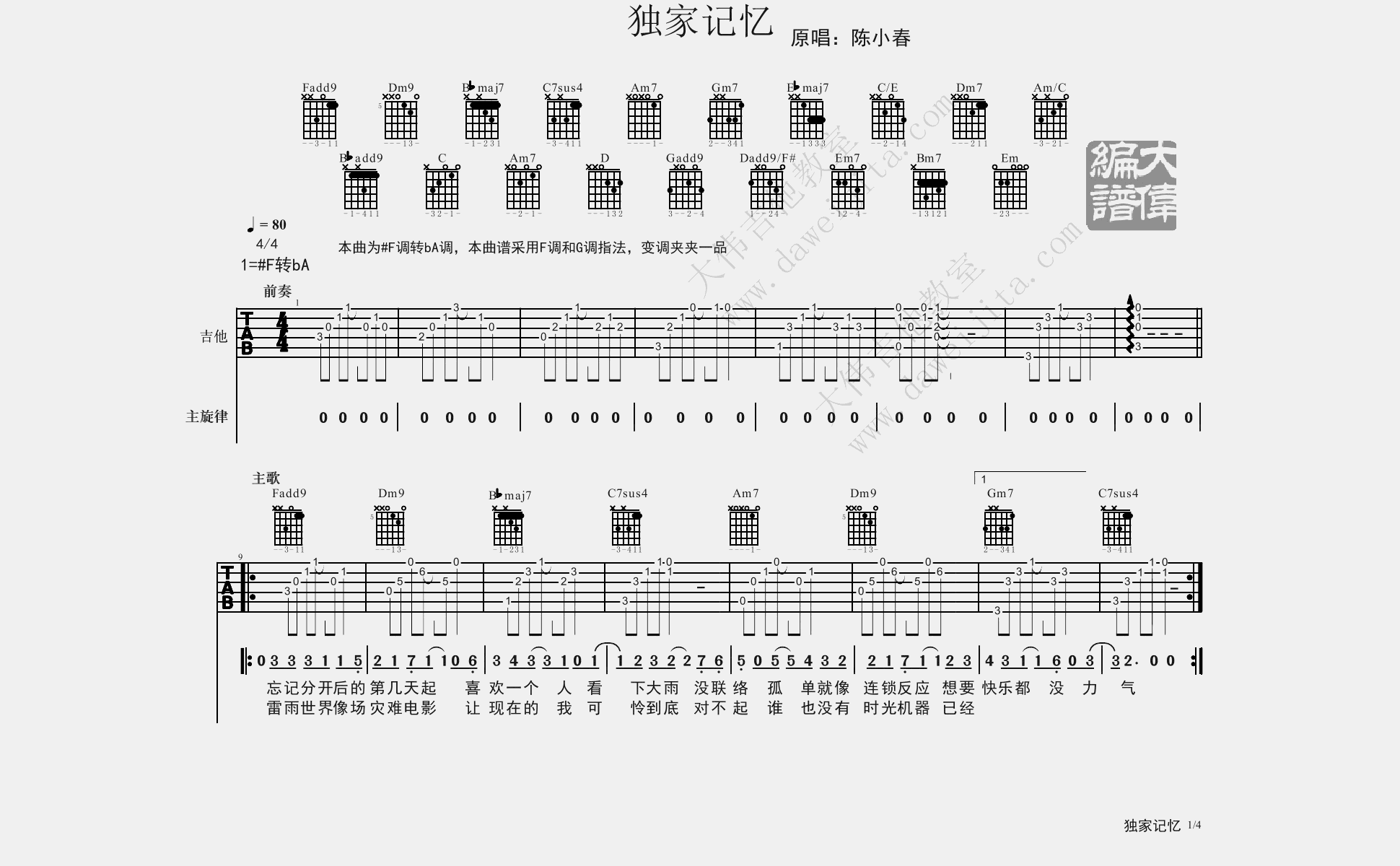 独家记忆吉他谱_陈小春_F调单音版 弹唱教学视频-图片1