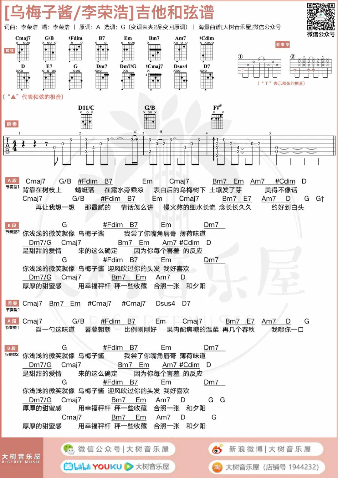 乌梅子酱吉他谱_李荣浩_G调扫弦版 弹唱教学视频_1-图片1