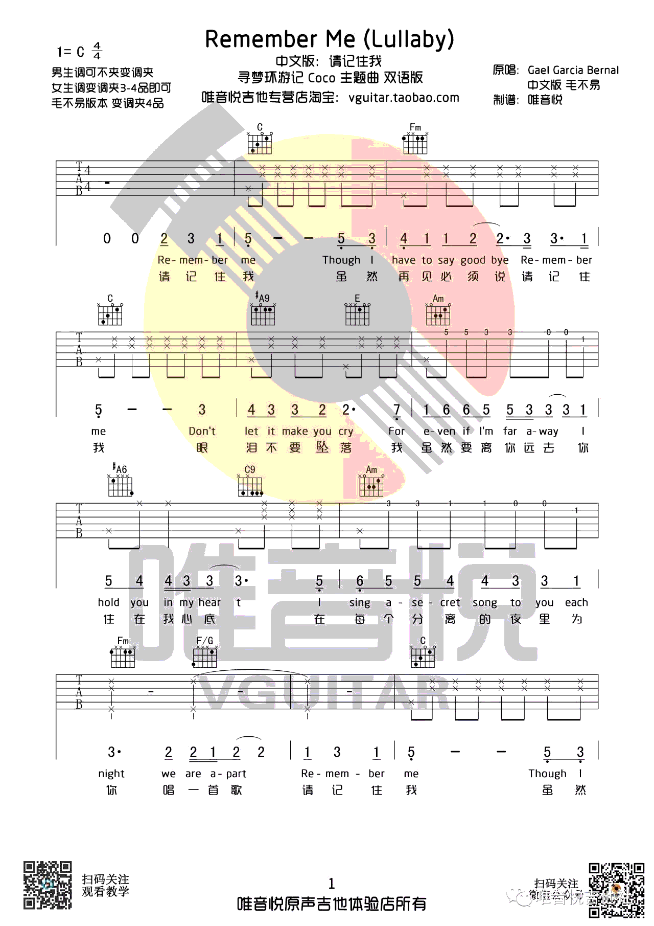 Remember Me吉他谱_毛不易_C调调弦版 弹唱教学视频-图片1