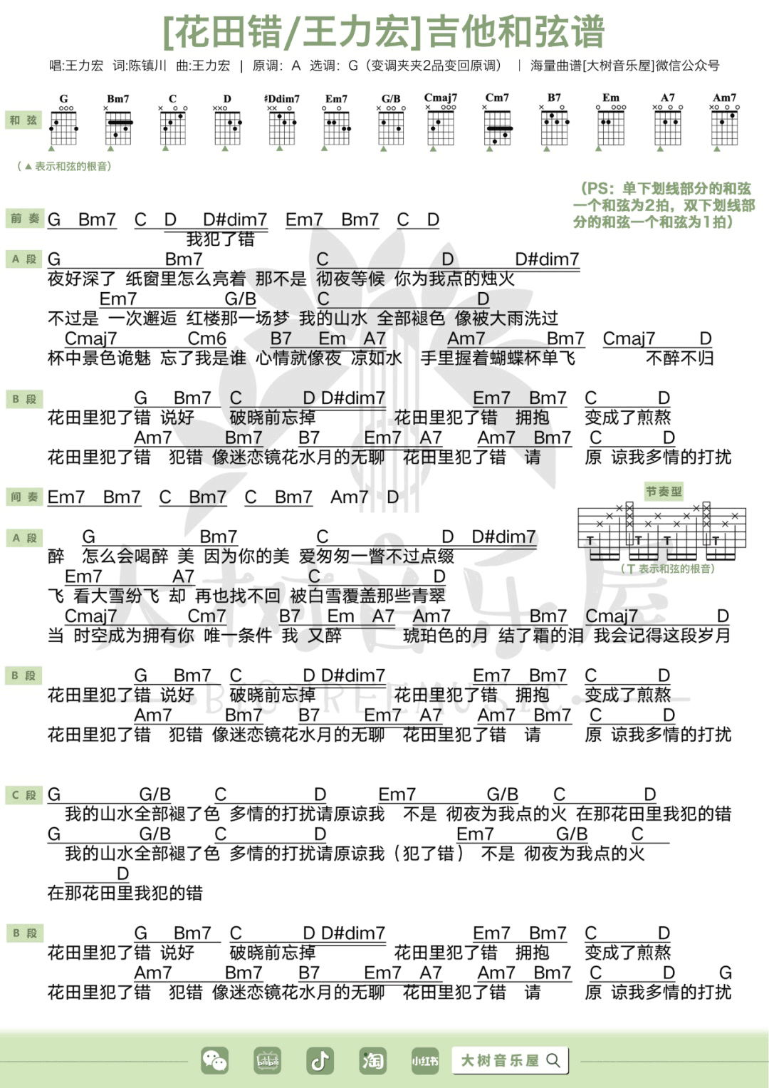 花田错吉他谱_王力宏_G调扫弦版 弹唱教学视频-图片1