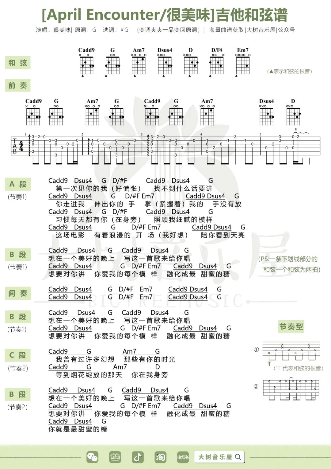 April Encounter吉他谱_很美味_G调单音版 弹唱教学视频-图片1