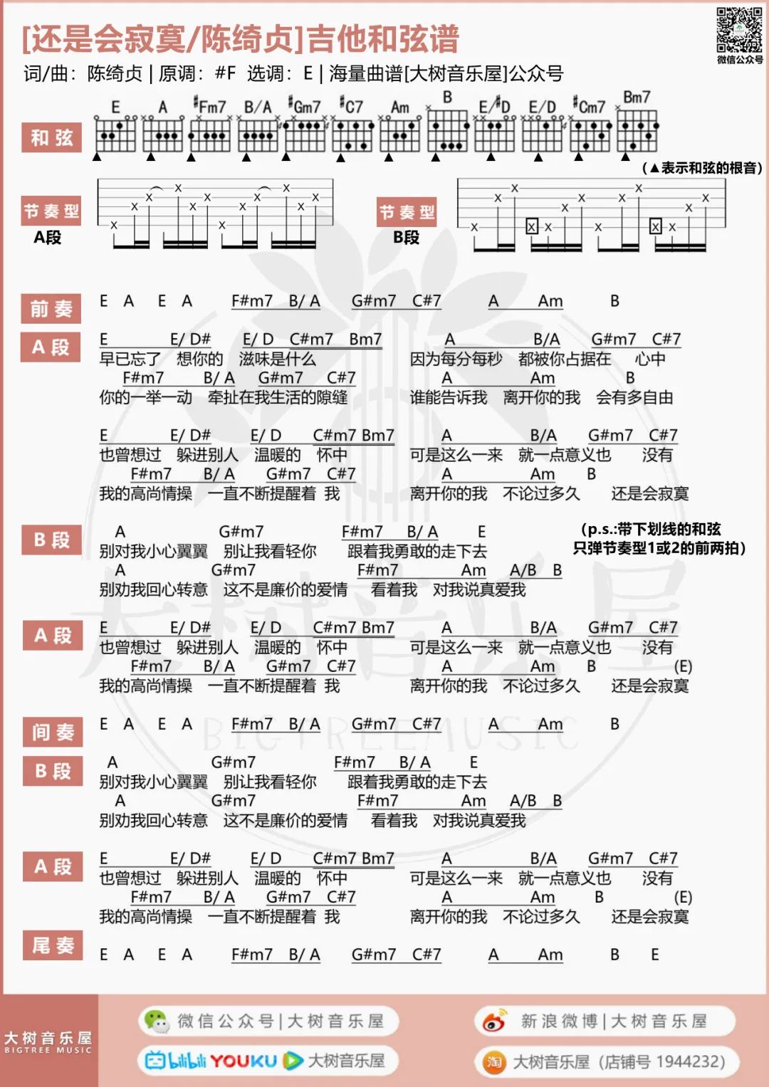 还是会寂寞吉他谱_陈绮贞_E调双音版 弹唱教学视频-图片1