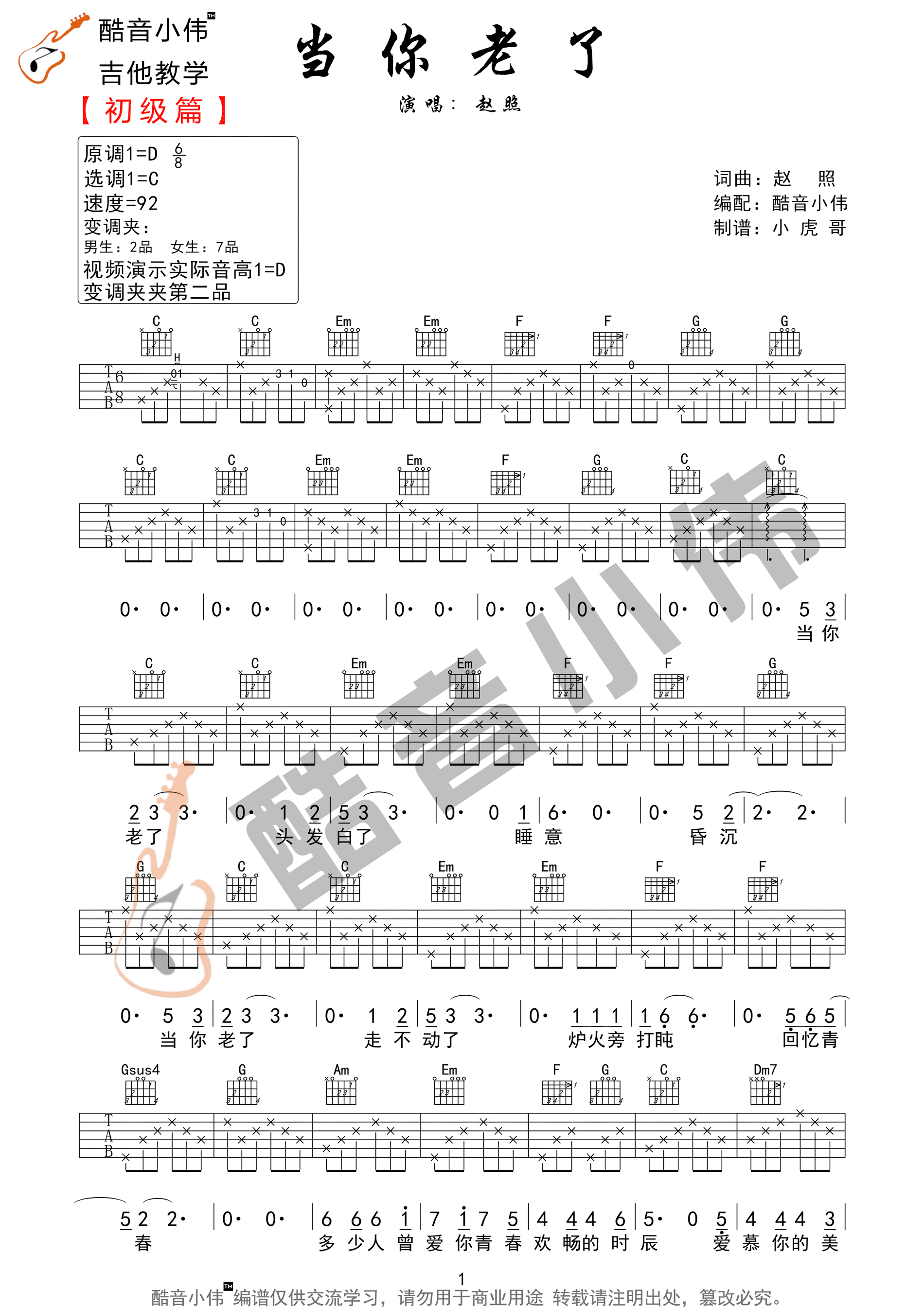 当你老了吉他谱_赵照_C调扫弦版 弹唱教学视频-图片1
