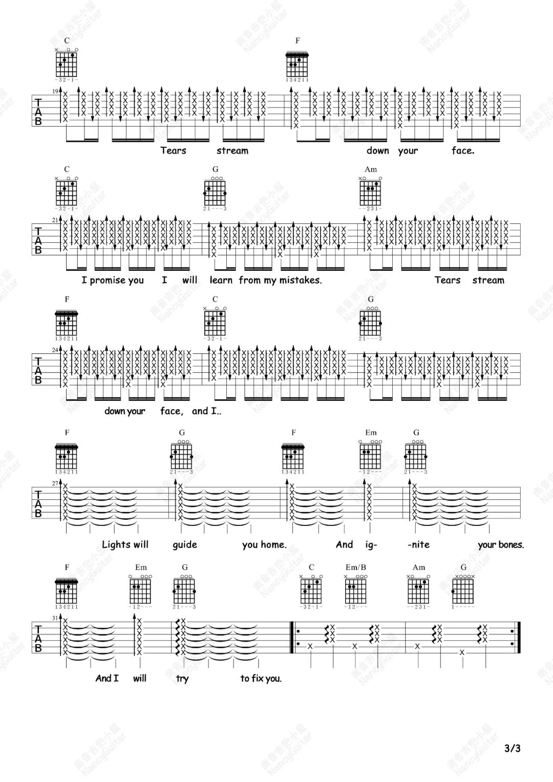 Fix You吉他谱_Coldplay_C调扫弦版 弹唱教学视频-图片1