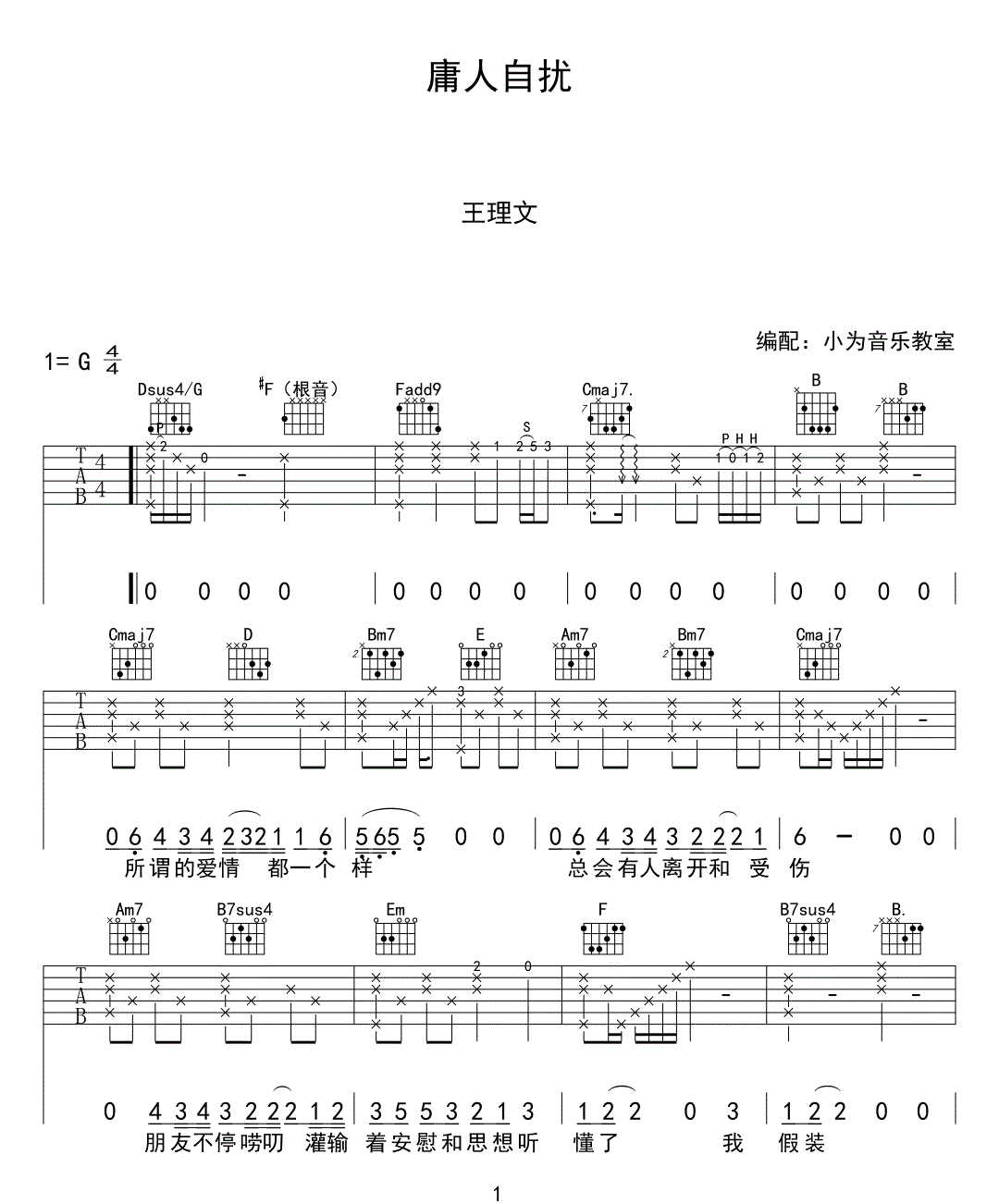 庸人自扰吉他谱_王理文_G调单音指法原版-图片1