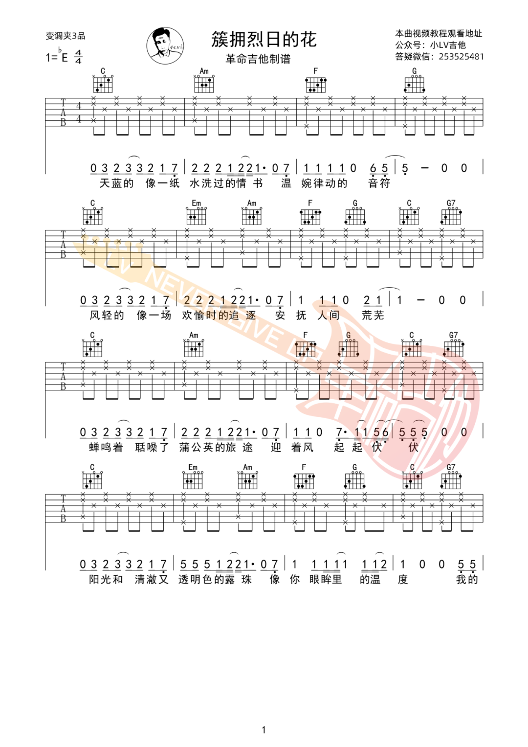 簇拥烈日的花吉他谱_迟里乌布-Morerare_C调双音版 弹唱教学视频-图片1