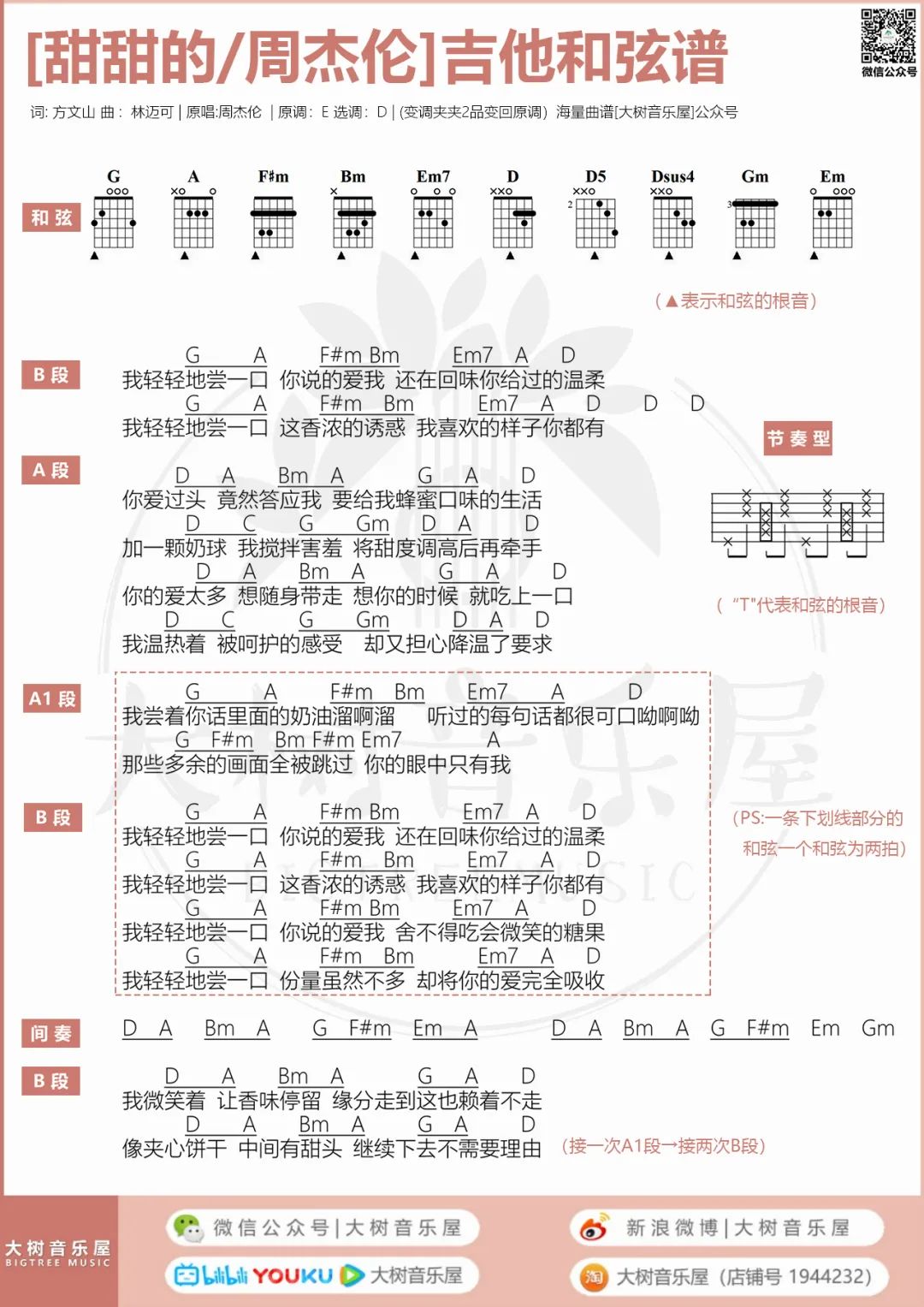 甜甜的吉他谱_周杰伦_D调调弦版 弹唱教学视频-图片1