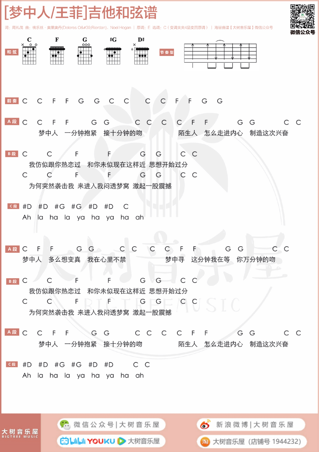 梦中人吉他谱_王菲_C调演奏版 弹唱教学视频-图片1