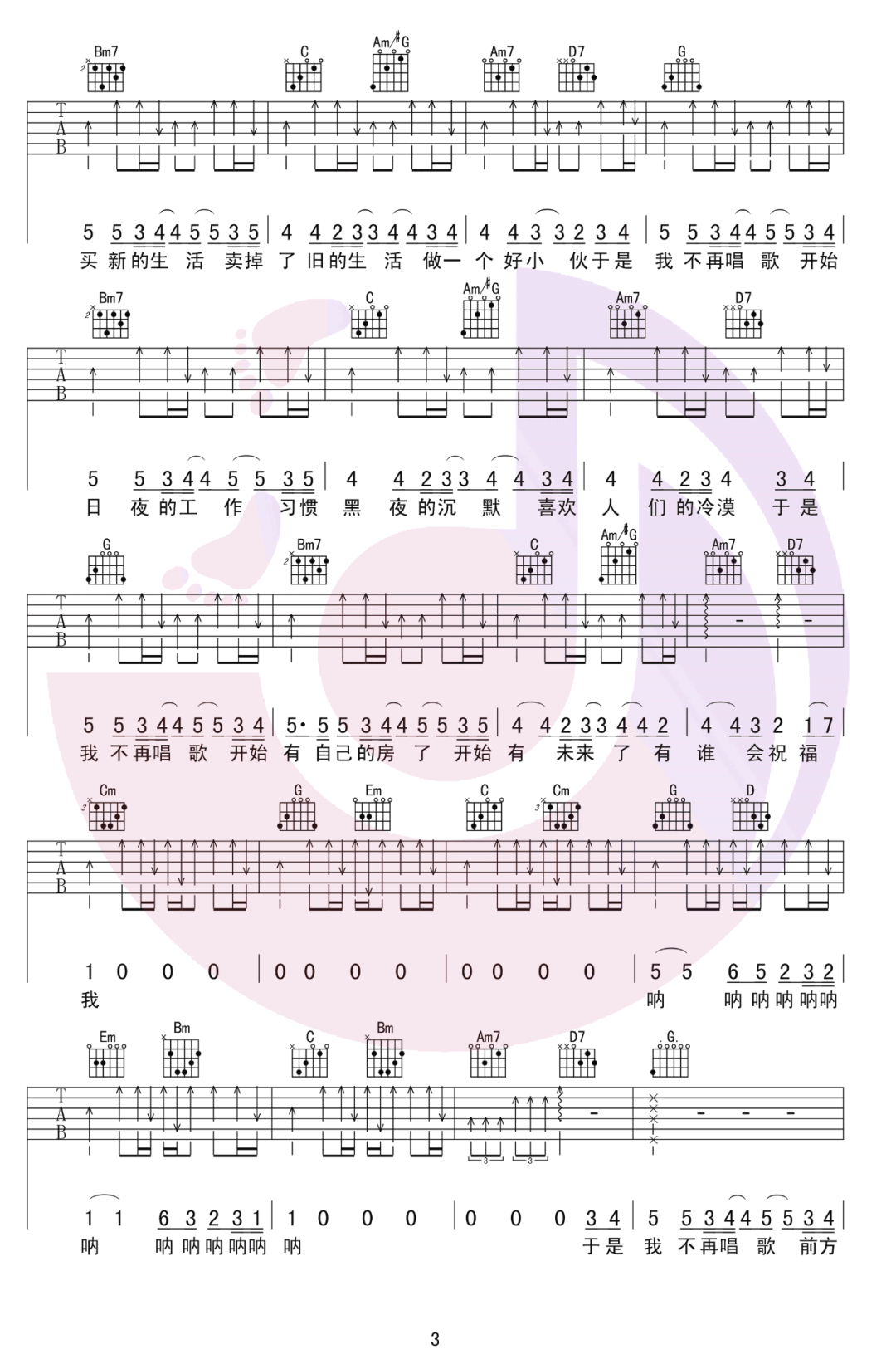 于是我不再唱歌吉他谱3-旅行团乐队