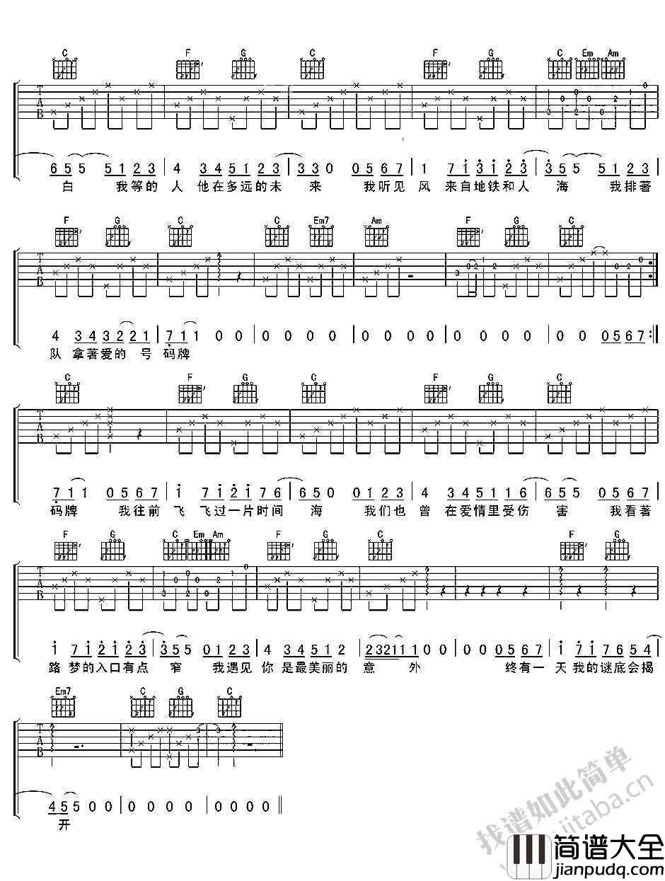 遇见吉他谱_C调简单版_孙燕姿_遇见六线谱