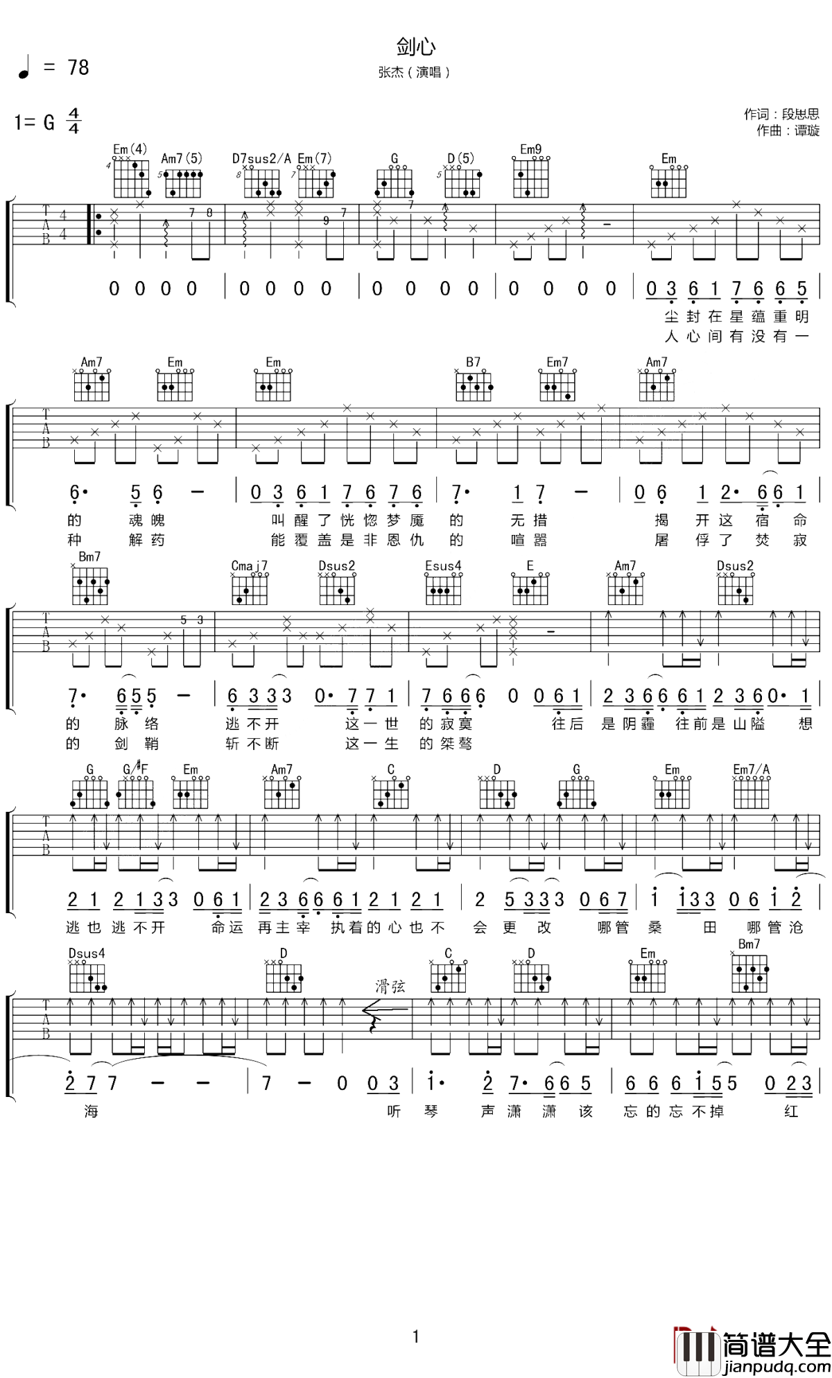 剑心吉他谱_张杰_2014年的夏天,孤剑,指尖,谈笑