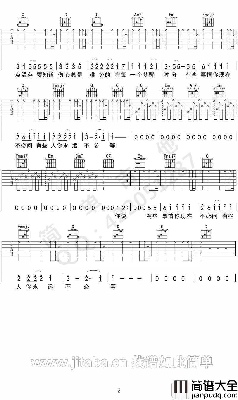 梦醒时分吉他谱_C调_陈淑桦_图片谱高清版